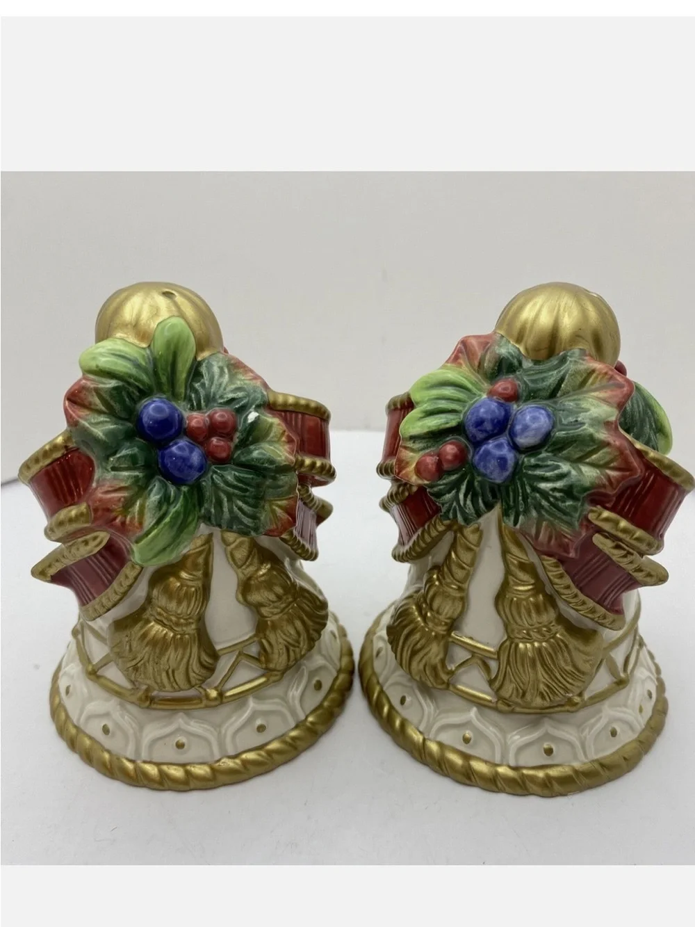 Vintage Fitz & Floyd Christmas Salt & Pepper Shakers - Hand-painted Bell Shape